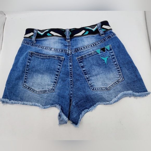 YUSHUAIA IBIZA HIGH WAIST DENIM SHORTS FRAYED HEM AND DISTRESSED SIZE S - Picture 2 of 15